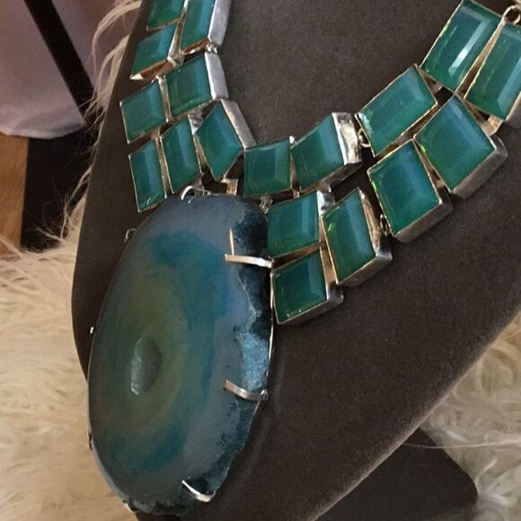 HUGE AQUA CONDOR AGATE & KUNZITE NECKLACE - Picture 6 of 15